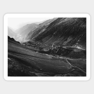 Black and White Shot of Swiss Alpine Road Winding Through Valley Sticker